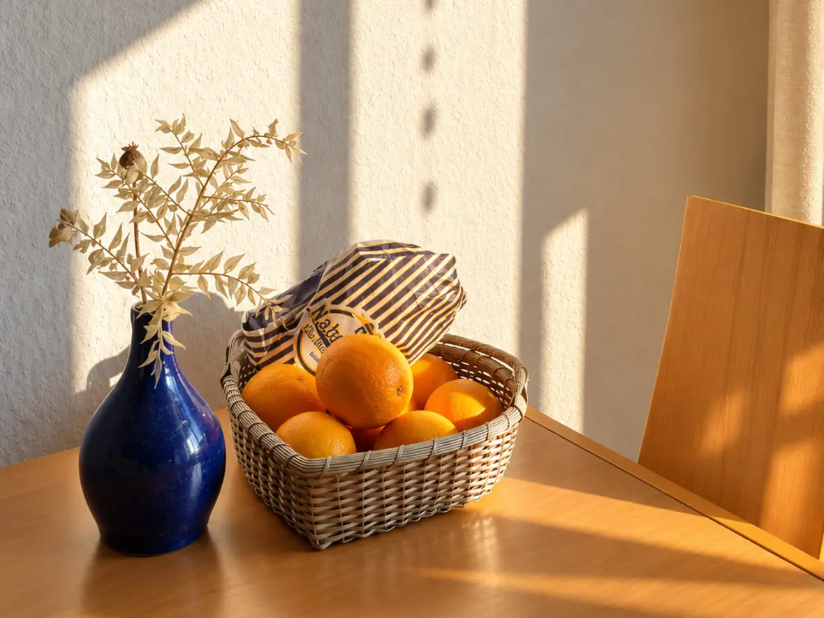 Korb mit Orangen und Brötchentüte neben einer blauen Vase mit Trockenzweigen auf dem Holztisch, darüber eine Pendelleuchte.