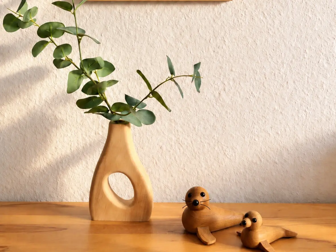 Bild mit Sandrippeln über einer Holzvase mit Eukalyptuszweig und zwei kleinen Robben aus Holz.