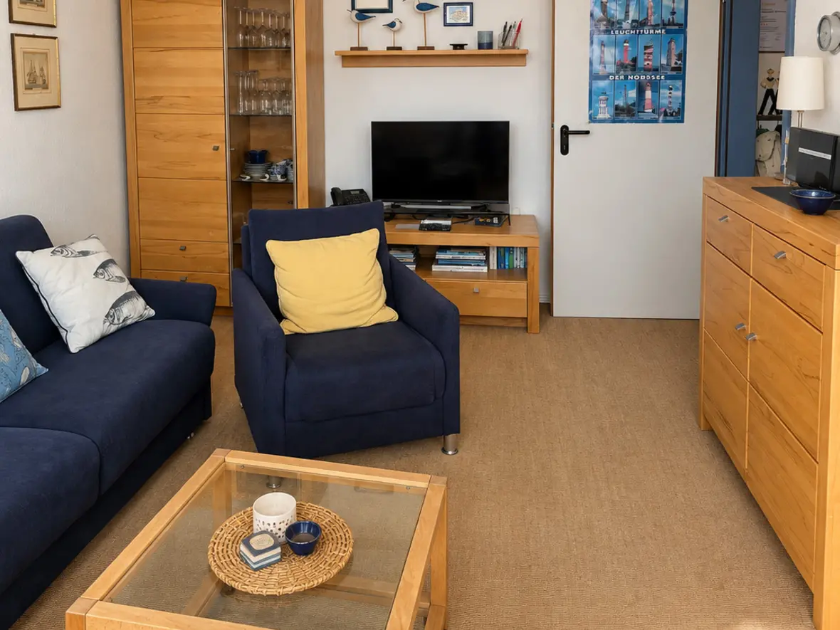 Wohnzimmer mit blauem Sofa, Sessel, Glas-Couchtisch, Holzmöbeln, Fernseher und einem Poster mit Nordsee-Leuchttürmen.
