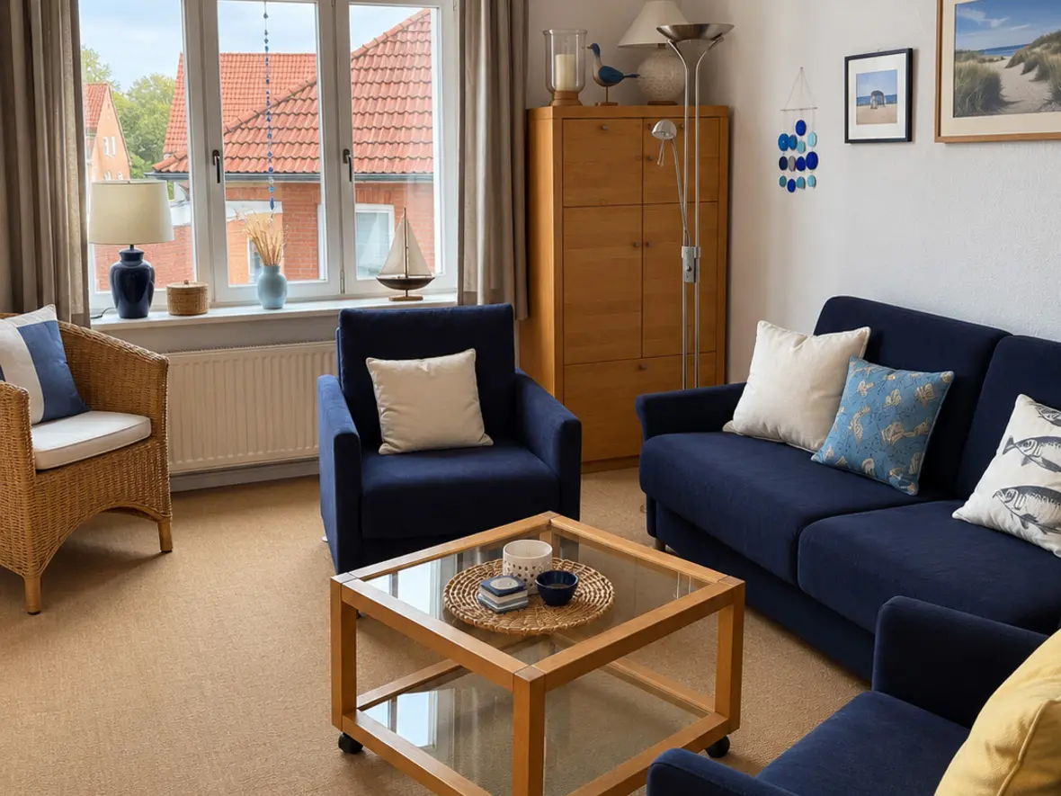 Helles Wohnzimmer mit großem Sprossenfenster, dunkelblauen Polstermöbeln, Korbsessel und Blick auf rote Ziegeldächer.